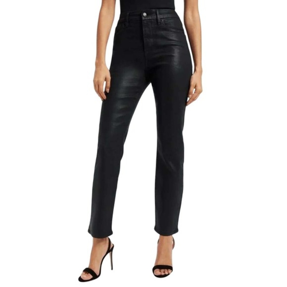 Good American Good Straight Jeans 14 Black Coated Leather Look High Rise Denim